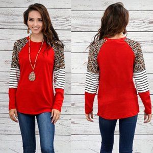 Sunshine & Rodeo Leopard Stripped Red Raglan